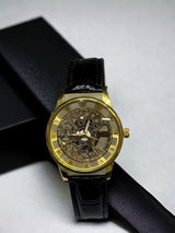 Round Mechanical Rose gold leather strap watch